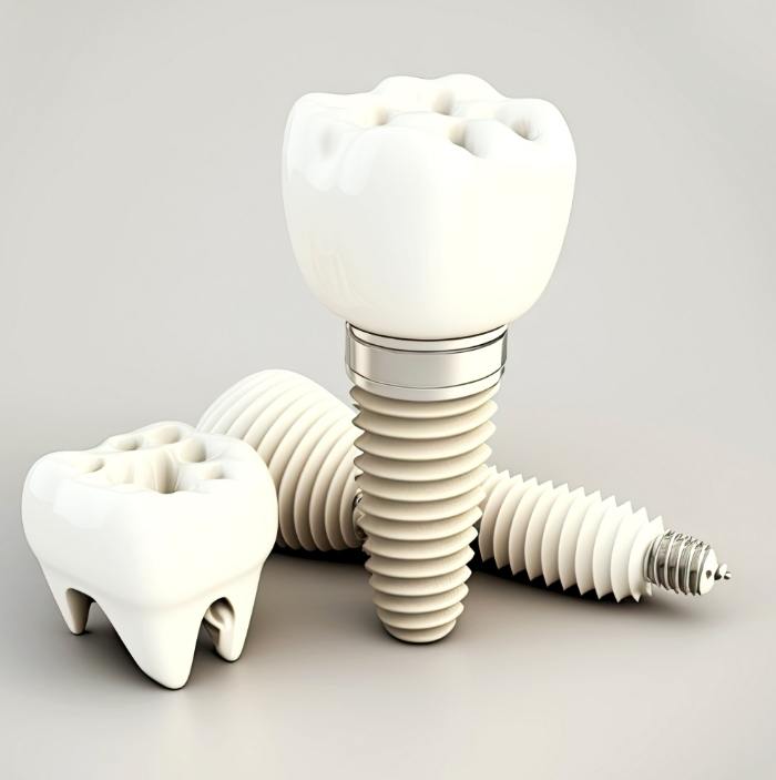 Two white ceramic dental implants with dental crowns