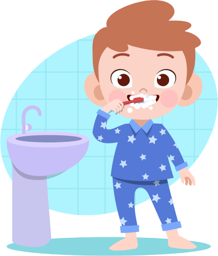Illustrated boy in blue pajamas brushing his teeth